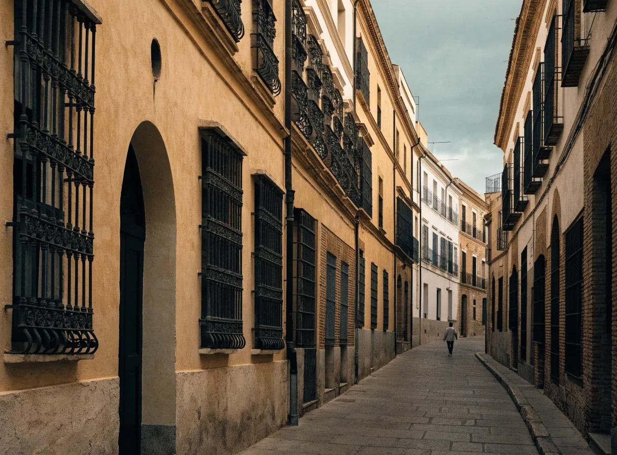 Calle de Sevilla en una tarde de luz cubierta, con fachadas encaladas y una figura de espaldas al fondo
