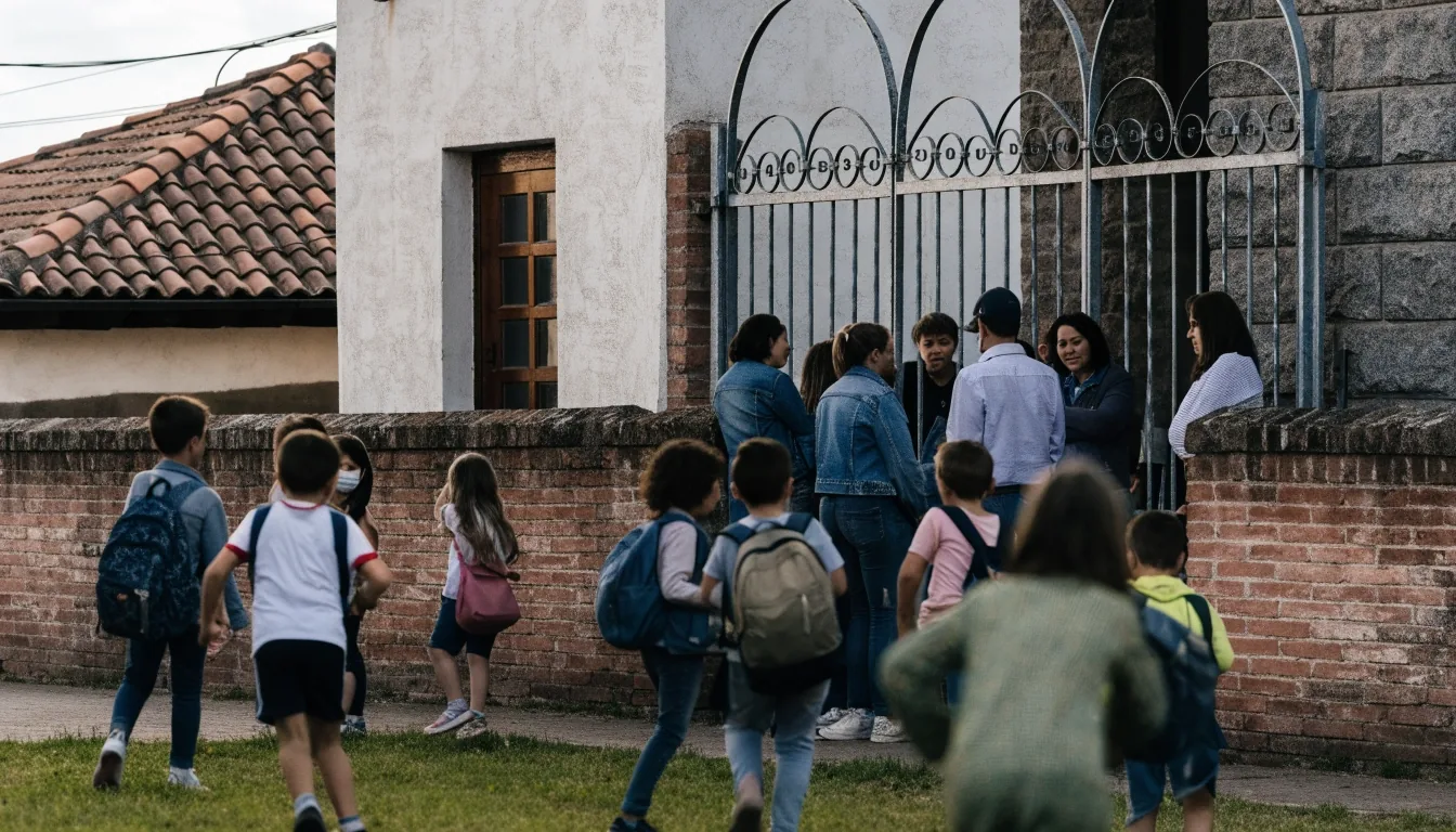 Entrada de un colegio público español por la mañana con familias entrando al edificio