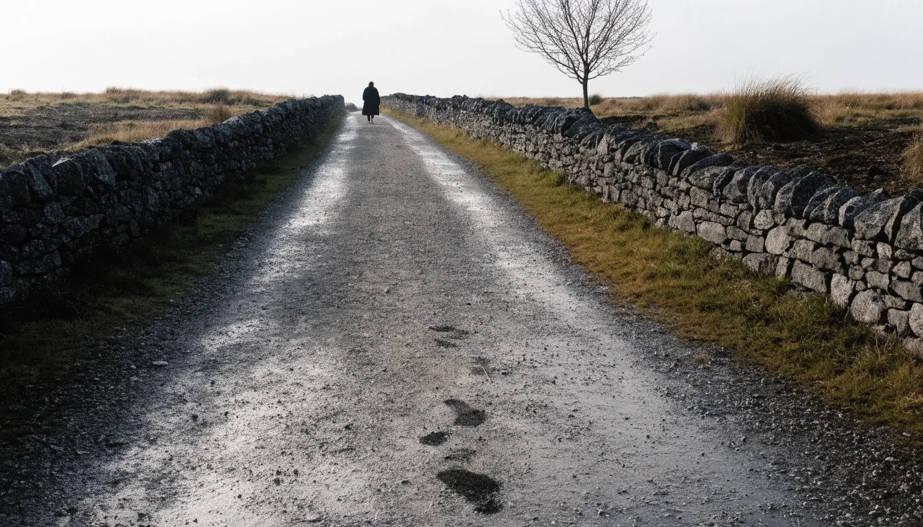 Camino rural en el interior de Galicia con muros de piedra y una figura al fondo